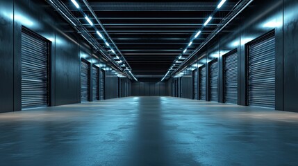Dark Corridor With Metal Roll Up Doors And Blue Lighting
