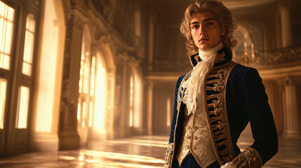 Refined aristocrat in deep blue coat with golden embroidery standing in opulent hall at golden hour