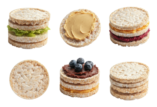 Various rice cakes with different toppings, including lettuce, peanut butter, berries, and spreads