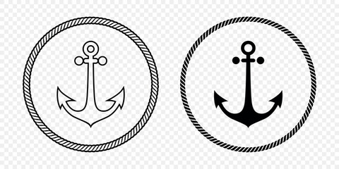 Black and White Anchor Icon Set. Flat Vector Monochrome Anchor Shapes in Circular Rope Frame. Nautical Anchor Symbols, Marine Rope Border Design. Vector Illustration © gomolach