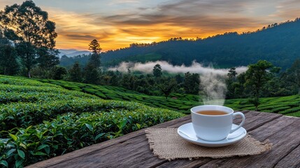 Serenity in Nature: Steaming Cup of Tea Amidst Breath-Taking Landscape at Sunrise