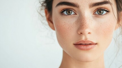 Close-up portrait of a young woman with striking freckles, capturing her radiant complexion and natural skin texture. Her direct gaze creates an intimate connection.
