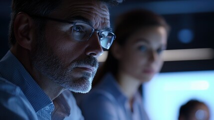 This image captures a moment in a modern, high-tech environment where a diverse team of IT professionals are deeply engaged in a project. They are using cutting-edge technology to enhance their