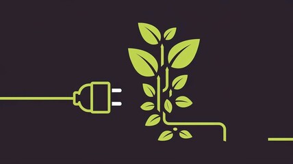 Sustainability Energy Efficiency Icon Electric plug with green leaves growing out of it, dark background, represents renewable energy and energy conservation