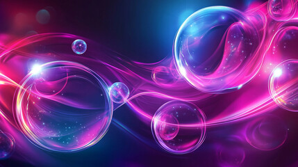 Obraz premium Abstract neon energy spheres floating against a cosmic purple-blue background, representing futuristic technology, digital transformation, and artificial intelligence concepts