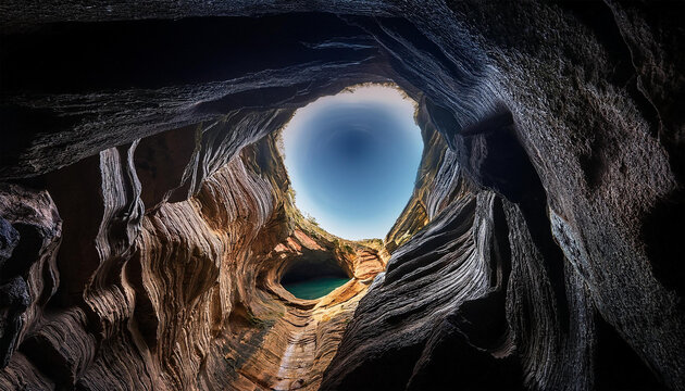 a captivating view of a dark circular hole surrounded by intricately layered rock formations reflecting a serene pool of water at its center