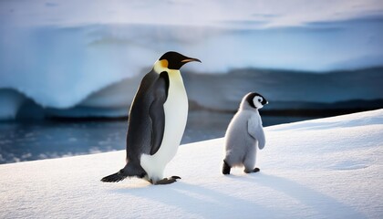 Fototapeta premium Striking Emperor Penguin Family Treading on Snowy Antarctic Peninsula at Twilight, Majestic Creatures in Arctic Winterscape