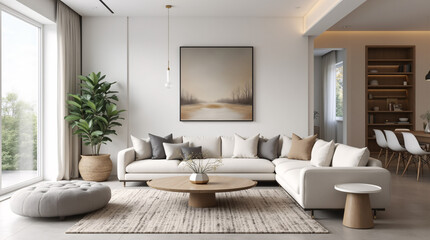 Minimalist Living Room with Light-Colored Sofa and Wooden Coffee Table