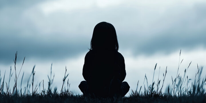 A lonely child in a field by the woods. Sad abandoned child, silhouette. Loneliness, unwantedness, child depression, socially dysfunctional family