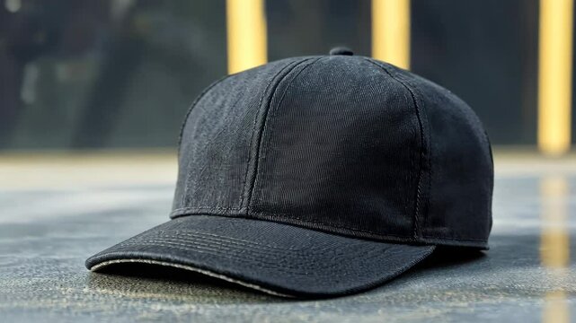 Black baseball cap slowly rotating on concrete surface