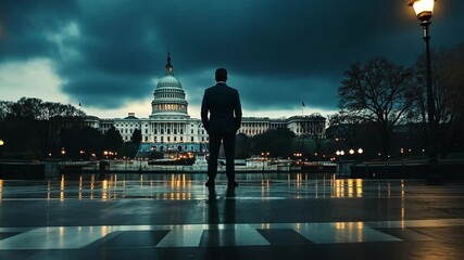 Dramatic shot pulling back from a lone figure in silhouette standing in the rain, gazing at the US Capitol under a dark stormy sky. For a deep state political meme.