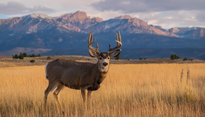 Fototapeta premium Vigilant Mule Deer Buck amidst the Prairie Grasslands, Sunsets Glow Bathes Eastern Slope, Natures Tranquility Captured in a Serene Moment