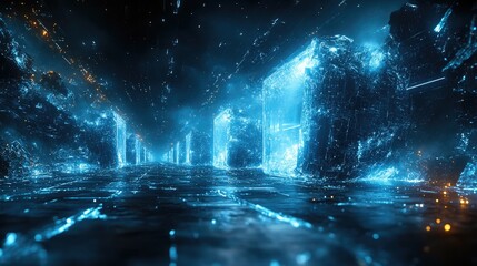 Obraz premium A futuristic corridor with glowing ice-like structures and a reflective surface.