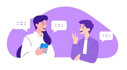 Two friendly professionals in a business discussion, one holding a notepad with a visible speech bubble, minimal background