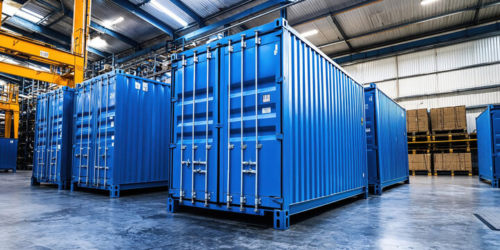 Blue shipping containers storing goods in warehouse logistics hub
