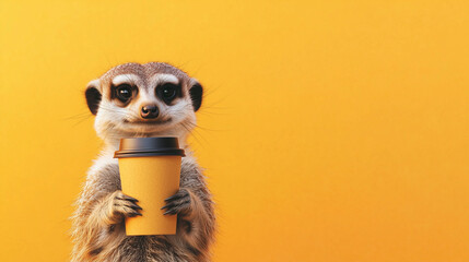 Meerkat Holding Coffee Cup on Yellow Background 