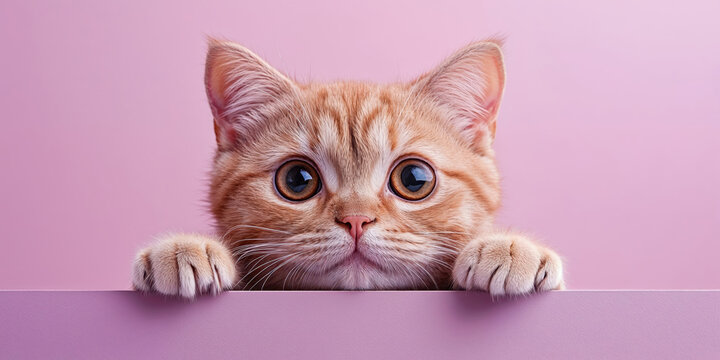 Cute ginger kitten peeking over pink wall with paws