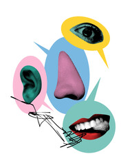 Abstract art collage. Chatter. Mouth, eye, and ear surrounded by speech bubbles with scribbled...