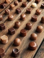 Assorted chocolates on a wooden table in rows.