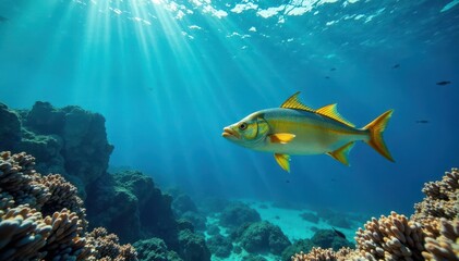 Fototapeta premium Un oceano azul con un pescado dorado nadando cerca de la superficie, peces, agua cristalina, oc?ano