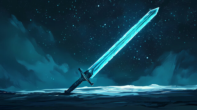 Glowing sword against starry night sky: fantasy weapon design. Fantasy Armory & Weapons. Illustration