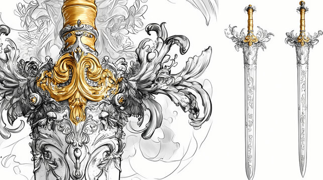 Ornate medieval-style sword, silver and gold. Fantasy Armory & Weapons. Illustration