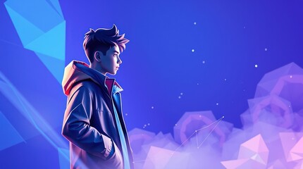 Fototapeta premium young man in a modern, sci-fi environment with glowing blue lights. Vector design 