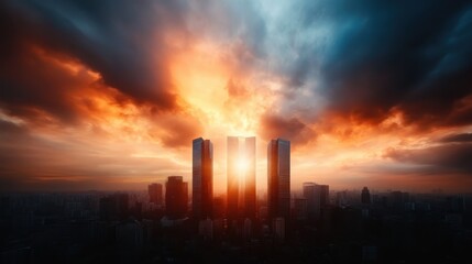 A breathtaking view of towering skyscrapers illuminated by a stunning sunset, creating a dramatic contrast against the cloudy sky and urban landscape.