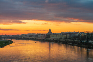 Fototapeta premium Gorzow Wielkopolski city skyline overlooking St. Mary's church tower at sunset. Poland