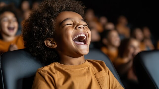 Kids laughing uproariously in a movie theater, capturing a moment of pure enjoyment and happiness, embodying the spirit of fun and community in cinema.