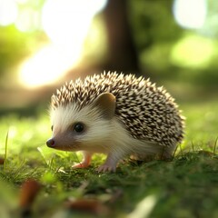 Dappled sunlight highlights an adorable African pygmy hedgehog exploring a grassy lawn in a tranquil outdoor setting. Generative AI