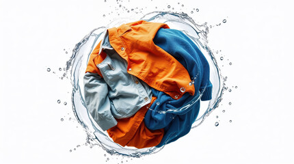 Clothes washing machine whirlpool with orange and blue shirts rotating in water