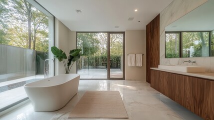 Fototapeta premium An elegant modern bathroom featuring a freestanding tub and large windows that open to stunning views of the surrounding natural landscape, embodying tranquility.