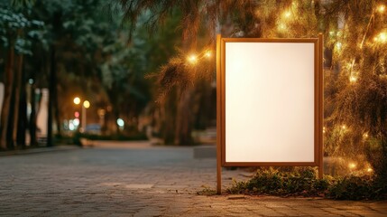 This empty billboard glows softly in a tranquil park, nestled among trees, evoking a sense of calm, openness, and creative potential for new ideas and expressions.