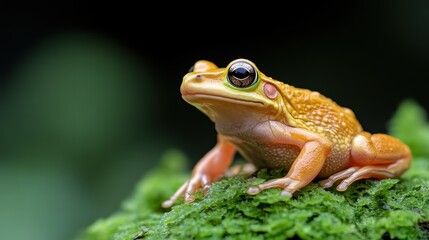 This close-up shot captures an adorable orange frog on a moss-covered rock, showcasing its unique texture and vibrant colors in a serene natural setting.