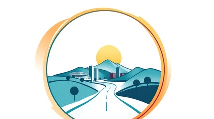 Circular landscape featuring towering mountains, a winding river, and a glowing sun, framed by vibrant gradient bands, with teal and green accents on a white background.