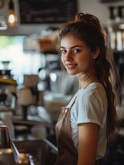 A young woman with brown hair and a ponytail stands behind the counter of a coffee shop, smiling at the camera. She is wearing an apron and has her hand on her hip. The coffee shop has a warm and