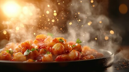 A tantalizing plate of food is captured with glimmering highlights and steam, conveying the delightful essence of flavors and the artistry involved in food preparation.