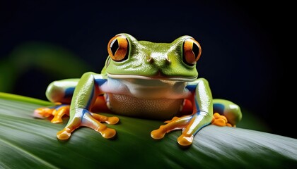 Vibranteyed Tree Frog Perched on Lush Leaf Amidst Tropical Rainforest Canopy, Showcasing Striking Green Hues and Exotic Flora at Dawn