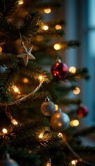 Twinkling string lights on the Christmas tree's branches, twinkling string lights, shining