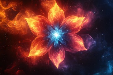 A vibrant, abstract flower-like design radiating energy and color.