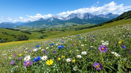 Obraz premium Mountain meadow wildflowers summer landscape scenic postcard