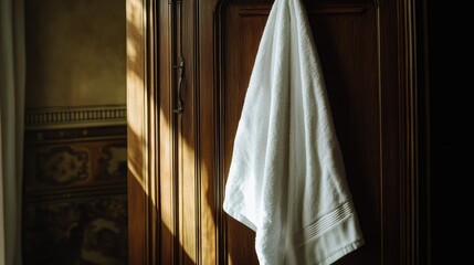 This image showcases a freshly washed towel, hung from the door handle of an interior room with wooden paneling and windows with light filtering in. The focus is on the towel's texture and how it