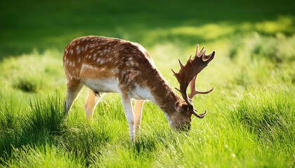 Majestic Fallow Deer Buck Feasting on Lush Greenery Amidst a Sunlit Meadow, showcasing the Power and Grace of Wildlife in its Natural Habitat, capturing an Idyllic Moment of Peace and
