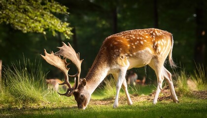Fototapeta premium Serene Fallow Deer Grazing in a Lush Wildlife Park at Dawn, Framed by Misty Forest and Dappled Sunlight