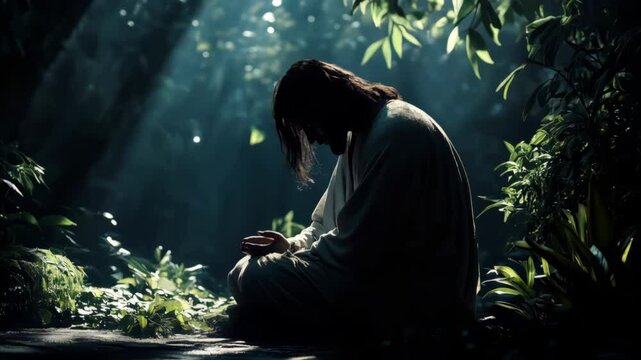 Jesus Christ Kneels in Prayer at the Garden of Gethsemane Under Olive Trees, Biblical New Testament Depiction