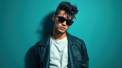 Obraz premium confident young man in sunglasses and a leather jacket against a bright teal background, stylish and modern vibe