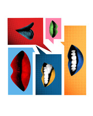 Abstract art collage. Lips in speech bubbles with contrasting expressions highlight diversity of speech, tone, and meaning in ongoing dialogue and interaction. Concept of communication, feedback.