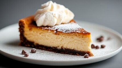 A delicious slice of cheesecake dripping in rich caramel and topped with whipped cream, offering a perfect blend of flavors that will satisfy any sweet tooth with elegance.