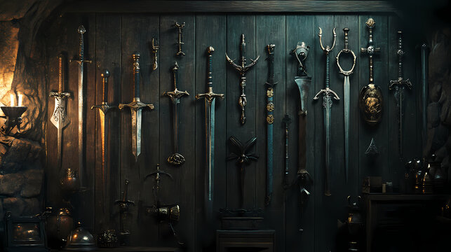A collection of medieval weaponry and armor hangs on a wooden wall in a dimly lit room. Fantasy Armory & Weapons. Illustration